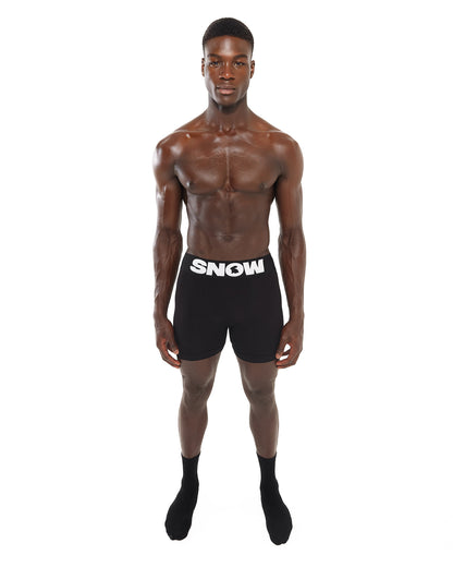 Front view of male model wearing Snow Bunny Boxer Briefs in black